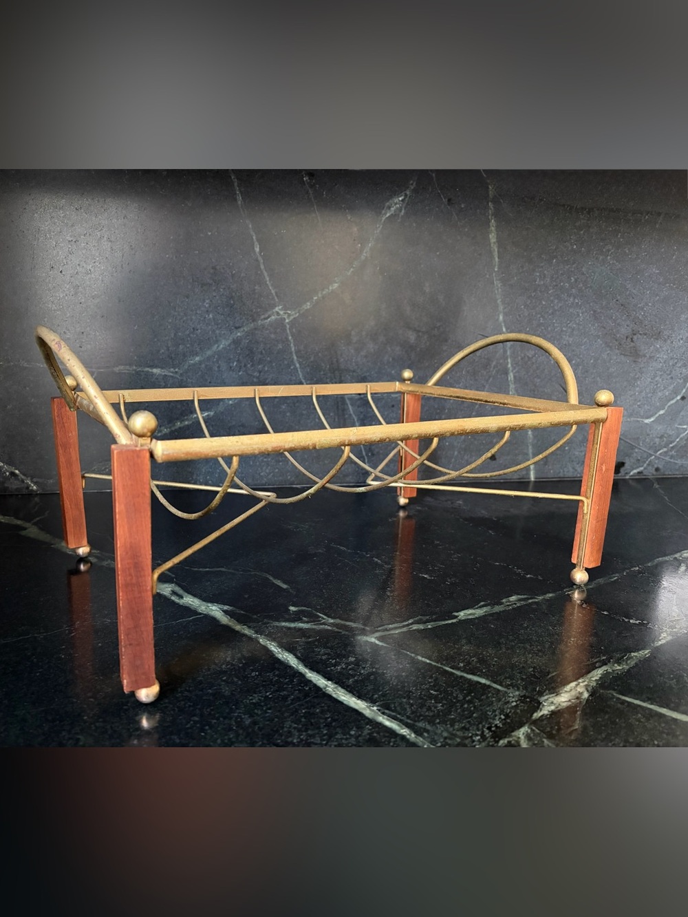 Brass and teak vintage magazine firewood towel rack Mid Century Modern NICE